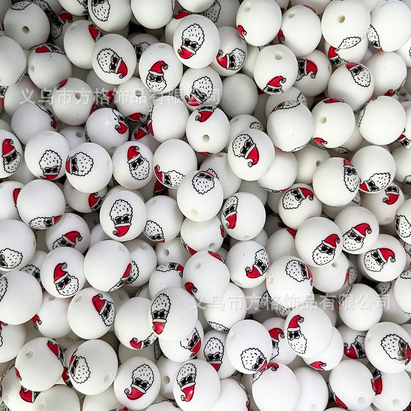Wholesale 50pcs DIY Christmas Snowman Christmas Tree Printing 15mm Silicone Beads